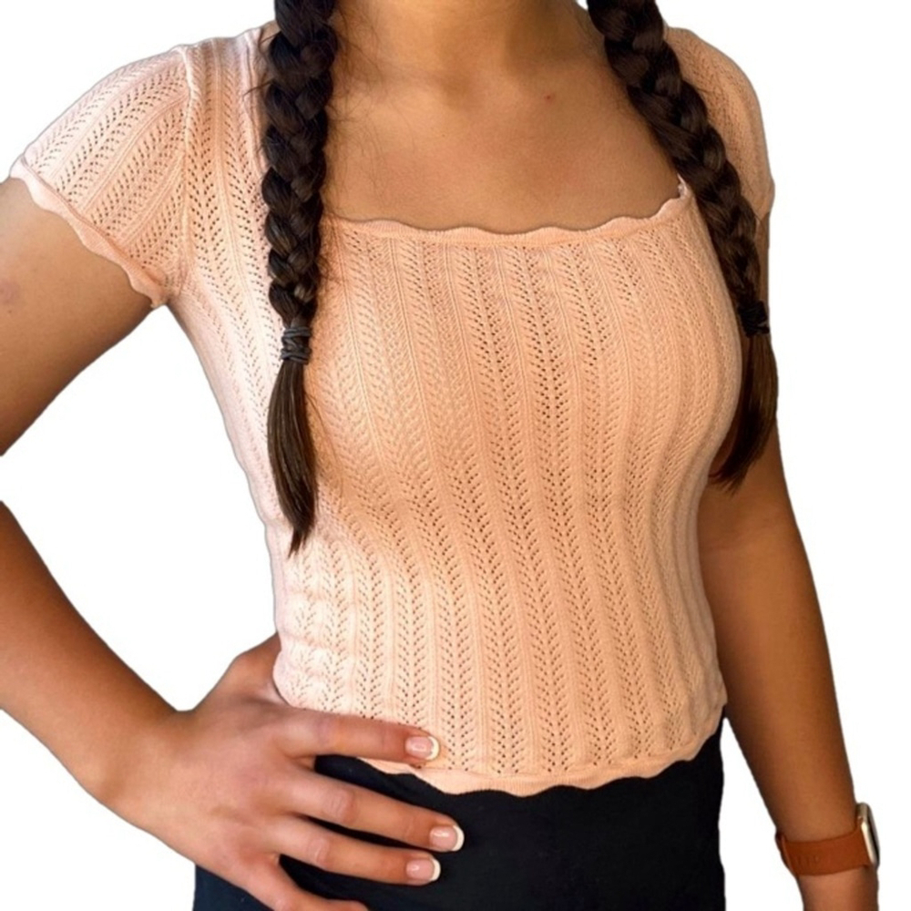 Wilfred Peach Knit Crop Top Scoop Neck Short Sleeve Shirt Size Top XS Aritzia